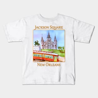 St. Louis Cathedral, and street car as seen in Jackson Square New Orleans Kids T-Shirt